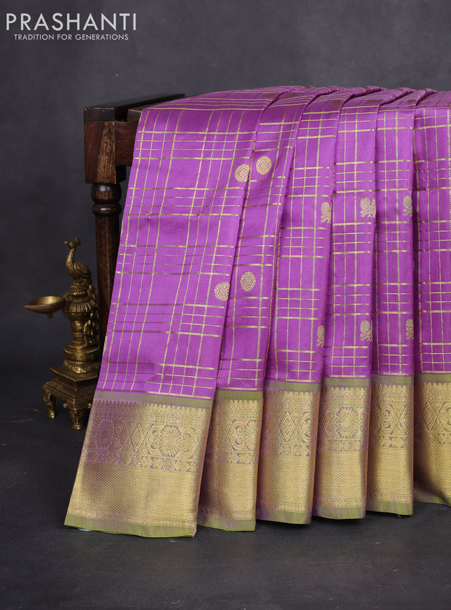 Venkatagiri silk saree lavender shade and dual shade of green with allover zari checks & buttas and rich zari woven border