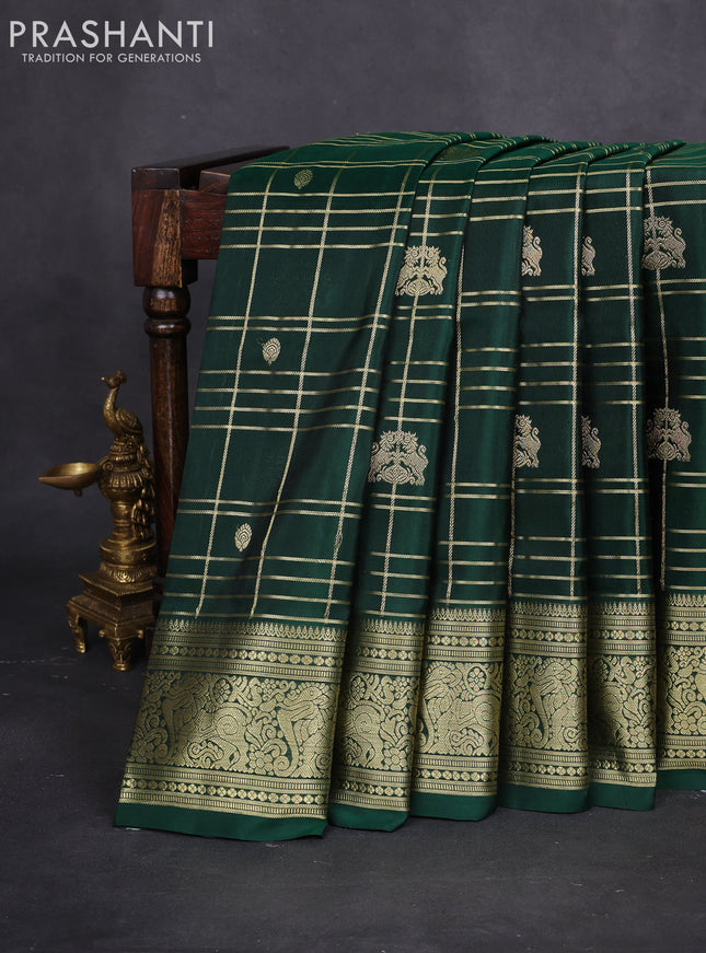 Venkatagiri silk saree dark green with allover zari checks & buttas and rich zari woven border