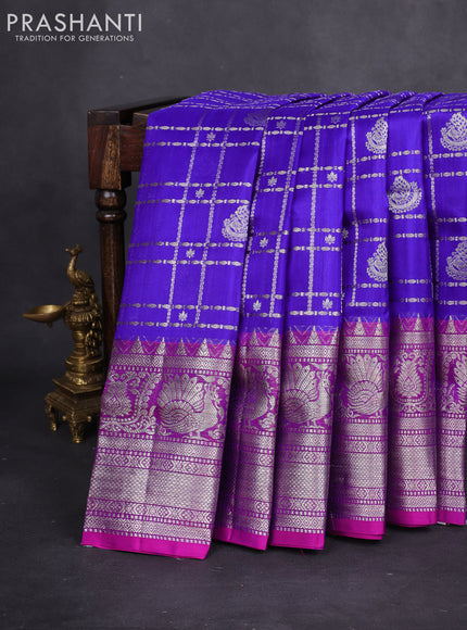 Venkatagiri silk saree blue and purple with allover silver zari checks & buttas and long rich silver zari woven border