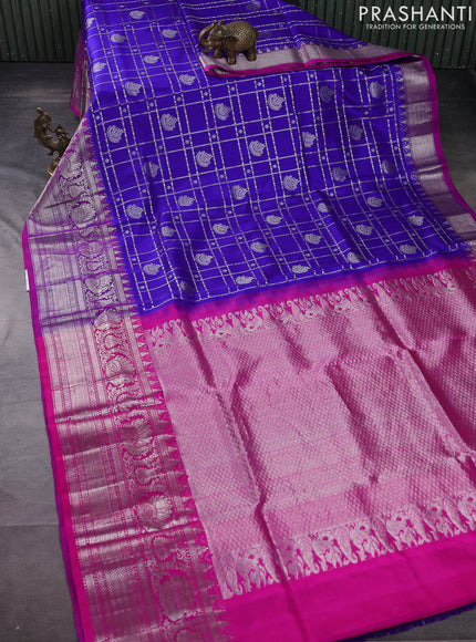 Venkatagiri silk saree blue and purple with allover silver zari checks & buttas and long rich silver zari woven border