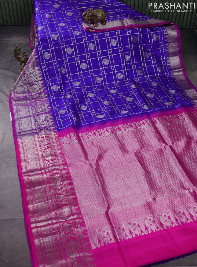 Venkatagiri silk saree blue and purple with allover silver zari checks & buttas and long rich silver zari woven border