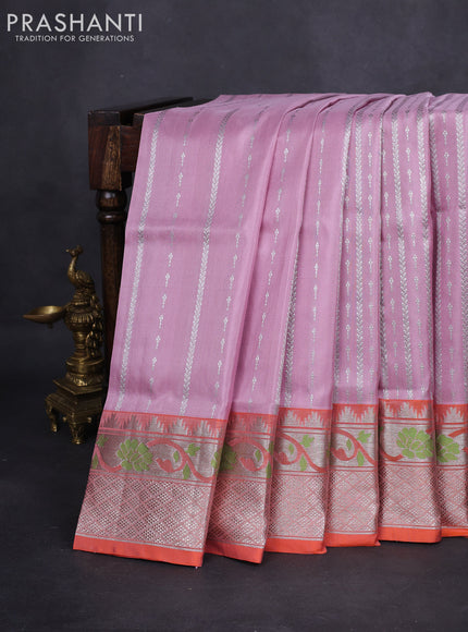 Venkatagiri silk saree pastel pink and orange with allover silver zari weaves and silver zari woven paithani style border