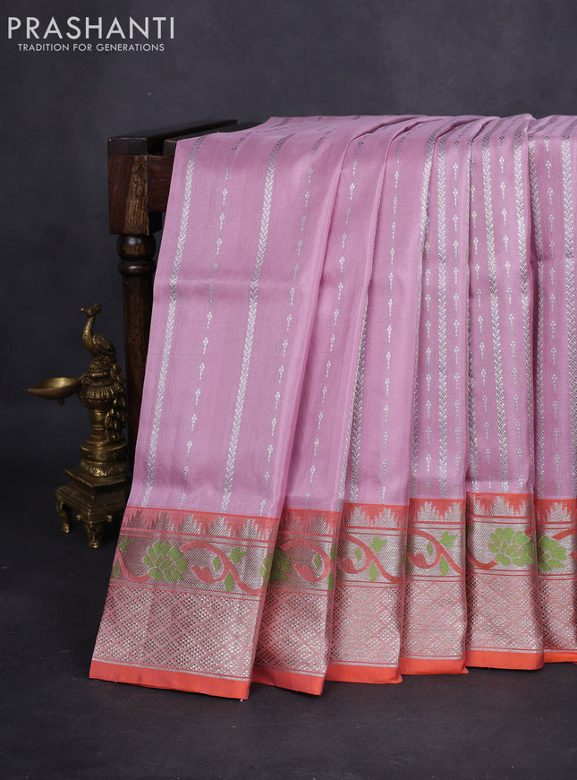 Venkatagiri silk saree pastel pink and orange with allover silver zari weaves and silver zari woven paithani style border