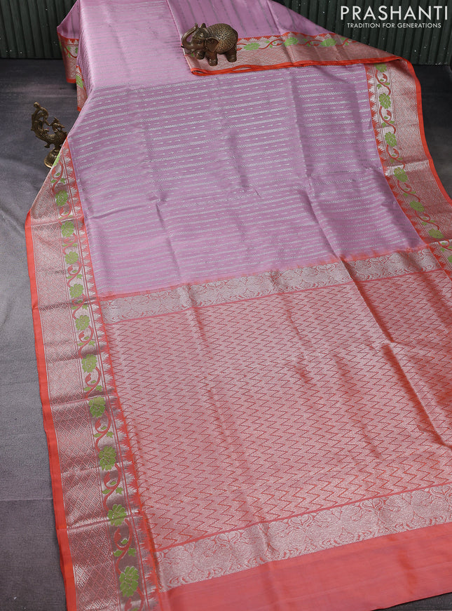 Venkatagiri silk saree pastel pink and orange with allover silver zari weaves and silver zari woven paithani style border