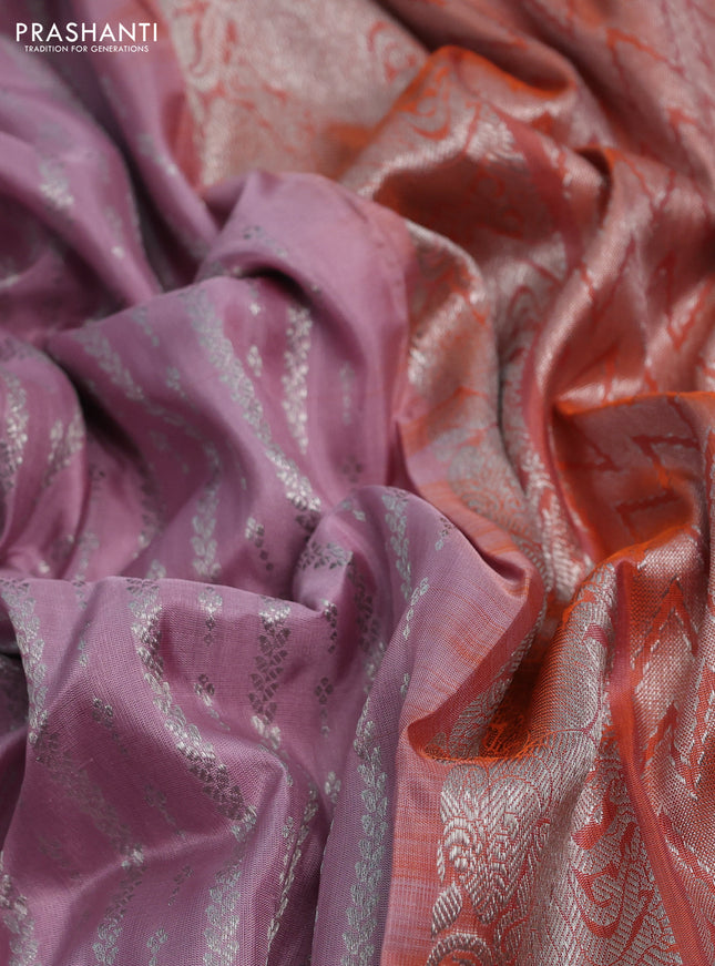 Venkatagiri silk saree pastel pink and orange with allover silver zari weaves and silver zari woven paithani style border