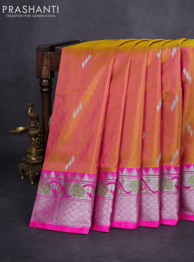 Venkatagiri silk saree dual shade of mustard and pink with silver zari woven buttas and silver zari woven paithani style border