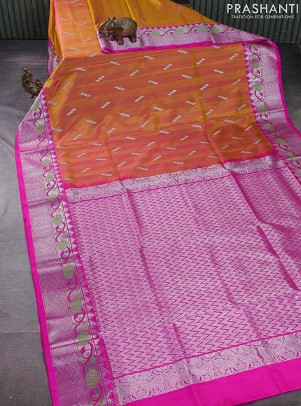Venkatagiri silk saree dual shade of mustard and pink with silver zari woven buttas and silver zari woven paithani style border