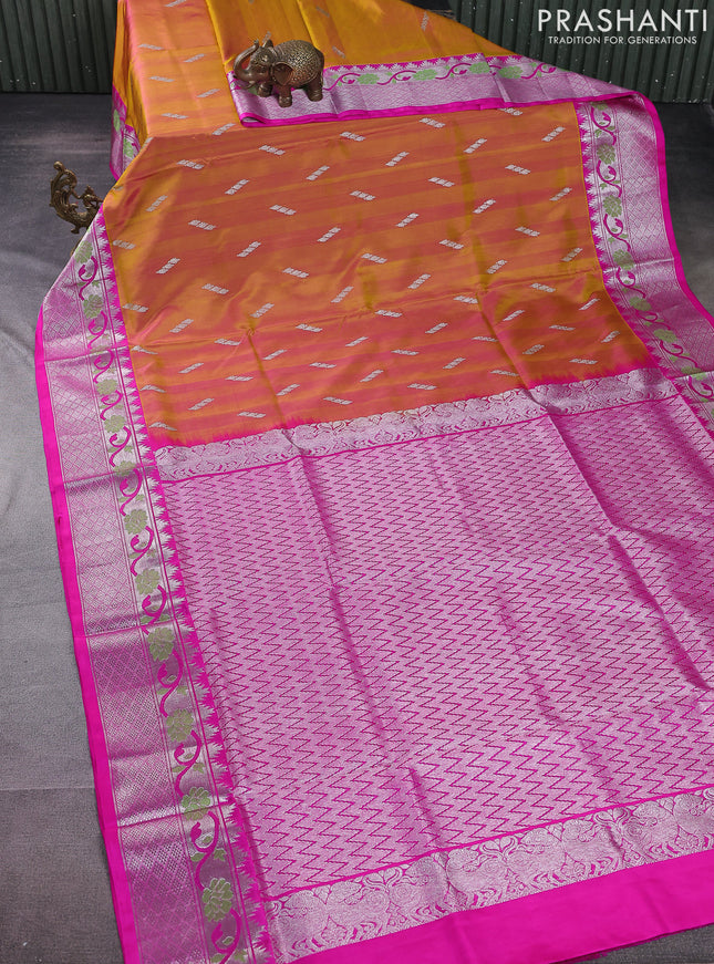Venkatagiri silk saree dual shade of mustard and pink with silver zari woven buttas and silver zari woven paithani style border