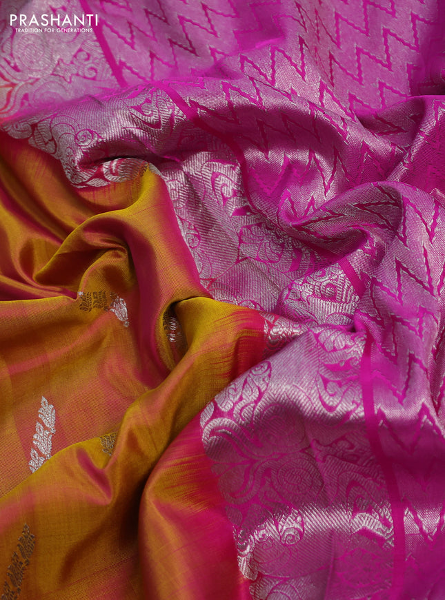 Venkatagiri silk saree dual shade of mustard and pink with silver zari woven buttas and silver zari woven paithani style border