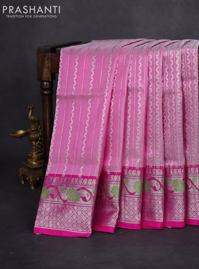 Venkatagiri silk saree light pink and pink with allover silver zari weaves and floral silver zari woven border
