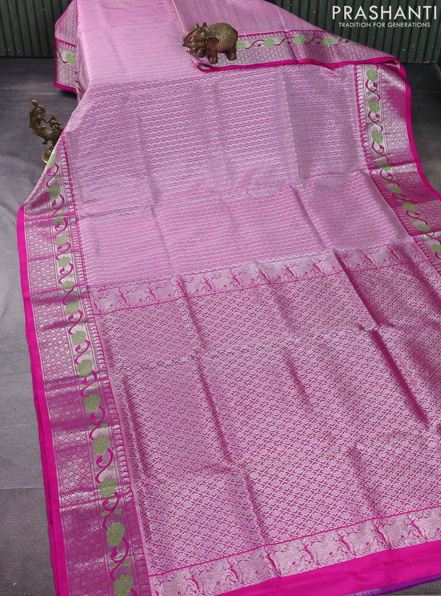 Venkatagiri silk saree light pink and pink with allover silver zari weaves and floral silver zari woven border