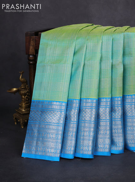 Venkatagiri silk saree teal green and cs blue with allover silver zari checked pattern and silver zari woven border