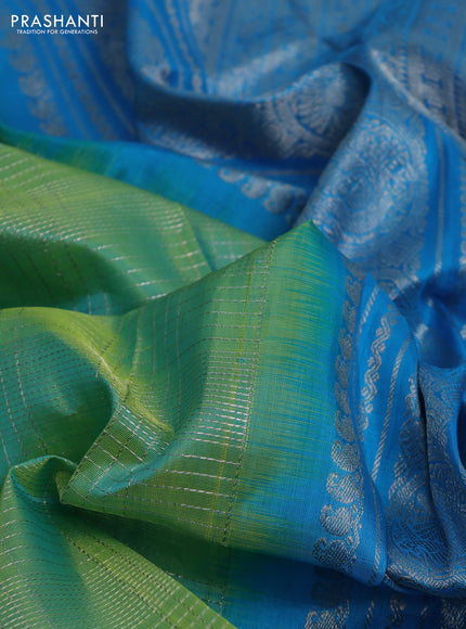 Venkatagiri silk saree teal green and cs blue with allover silver zari checked pattern and silver zari woven border