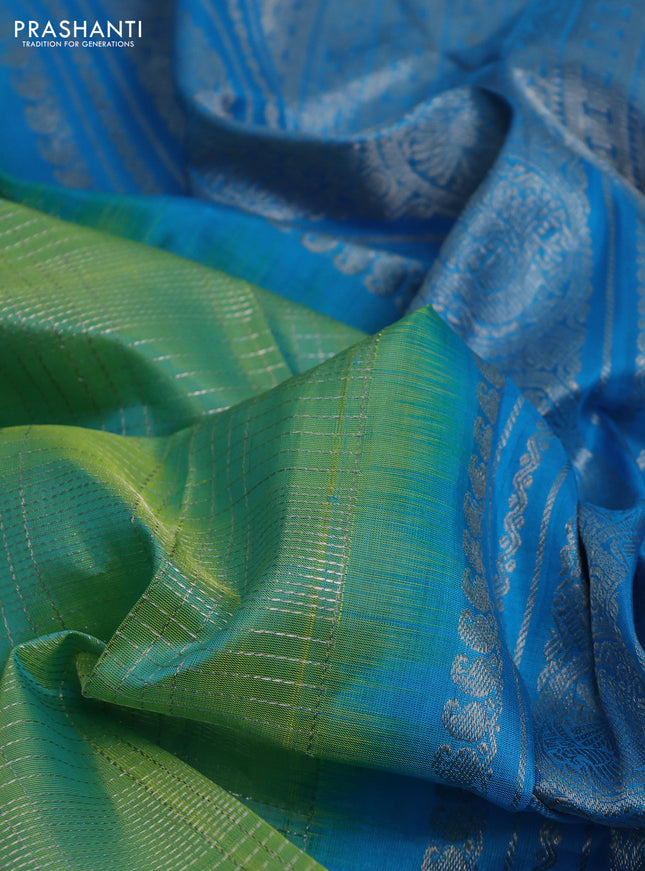 Venkatagiri silk saree teal green and cs blue with allover silver zari checked pattern and silver zari woven border