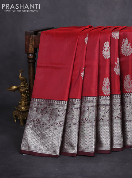 Venkatagiri silk saree maroon and brown with silver zari woven buttas and long silver zari woven border