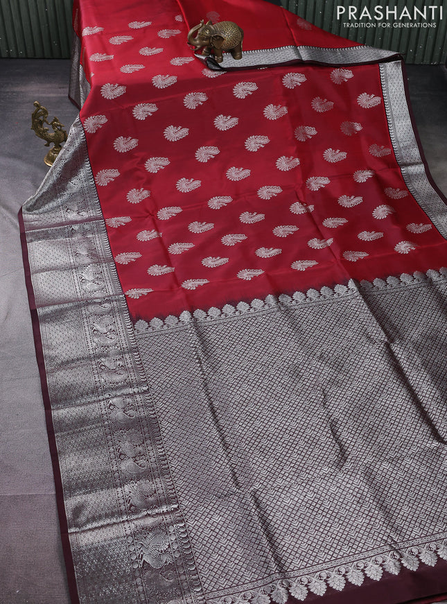 Venkatagiri silk saree maroon and brown with silver zari woven buttas and long silver zari woven border