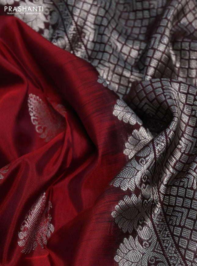 Venkatagiri silk saree maroon and brown with silver zari woven buttas and long silver zari woven border