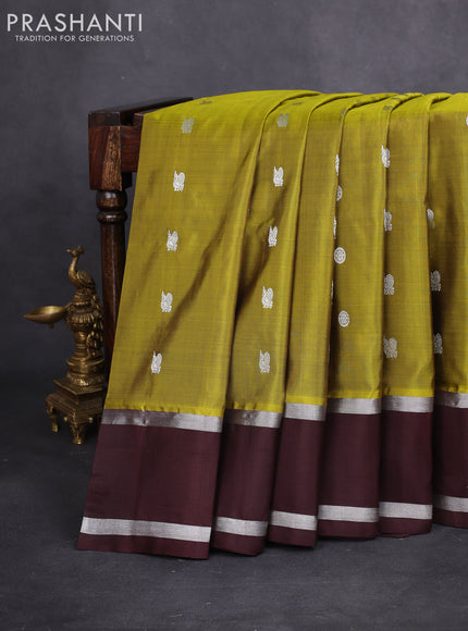 Venkatagiri silk saree mehendi green and brown with silver zari woven buttas and rettapet silver zari woven border