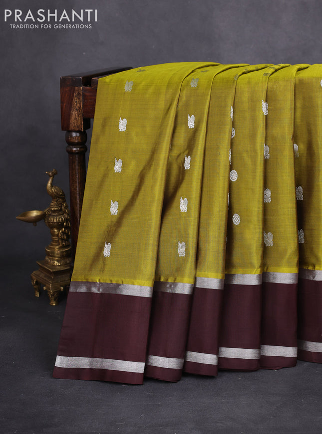 Venkatagiri silk saree mehendi green and brown with silver zari woven buttas and rettapet silver zari woven border