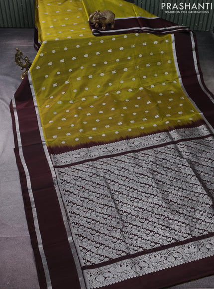 Venkatagiri silk saree mehendi green and brown with silver zari woven buttas and rettapet silver zari woven border
