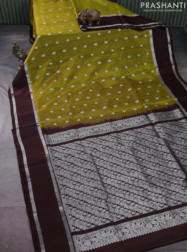 Venkatagiri silk saree mehendi green and brown with silver zari woven buttas and rettapet silver zari woven border