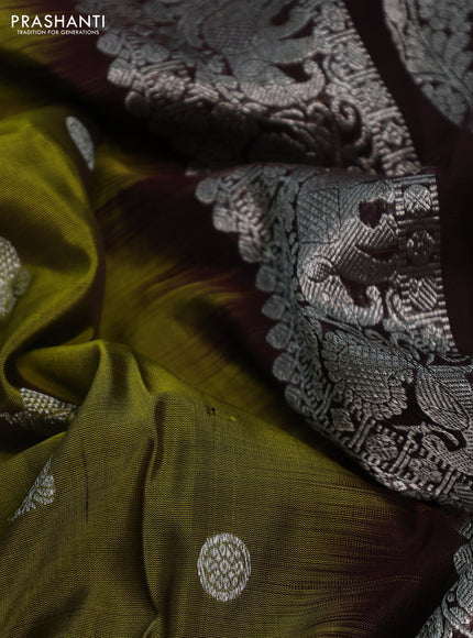 Venkatagiri silk saree mehendi green and brown with silver zari woven buttas and rettapet silver zari woven border
