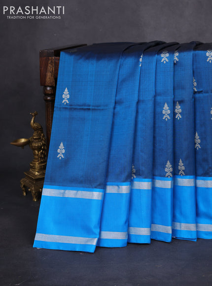 Venkatagiri silk saree peacock blue and cs blue with silver zari woven buttas and rettapet silver zari woven border