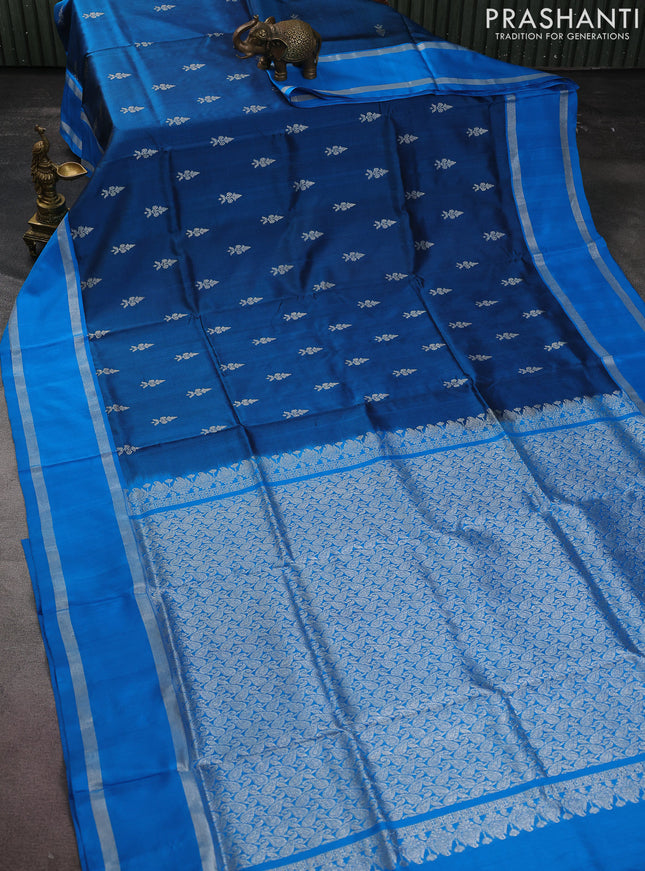 Venkatagiri silk saree peacock blue and cs blue with silver zari woven buttas and rettapet silver zari woven border