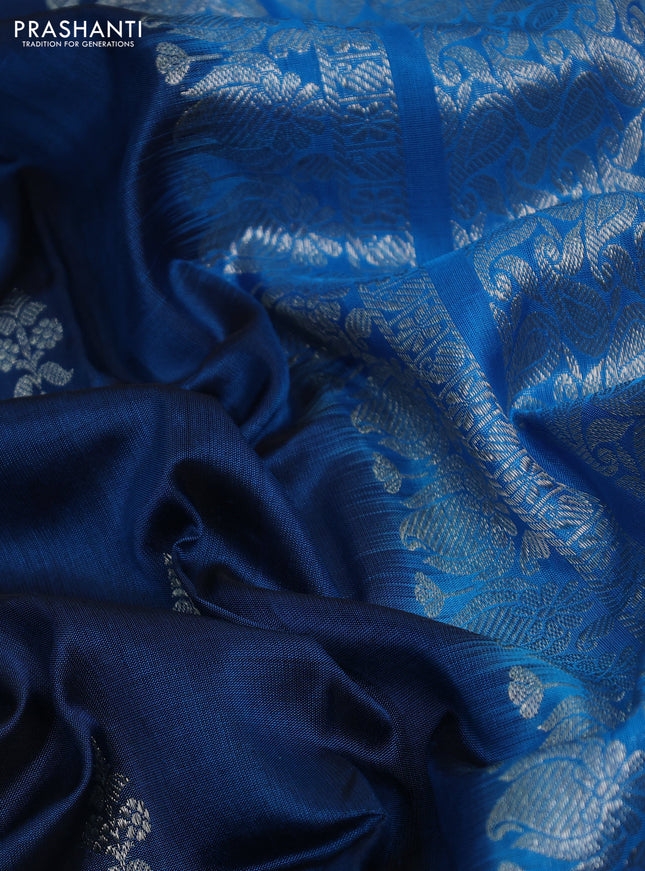 Venkatagiri silk saree peacock blue and cs blue with silver zari woven buttas and rettapet silver zari woven border