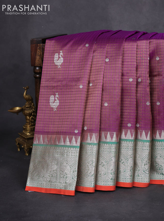 Venkatagiri silk saree dual shade of purple and teal green with allover thread checks & annam buttas and silver zari woven border