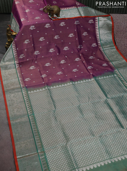 Venkatagiri silk saree dual shade of purple and teal green with allover thread checks & annam buttas and silver zari woven border