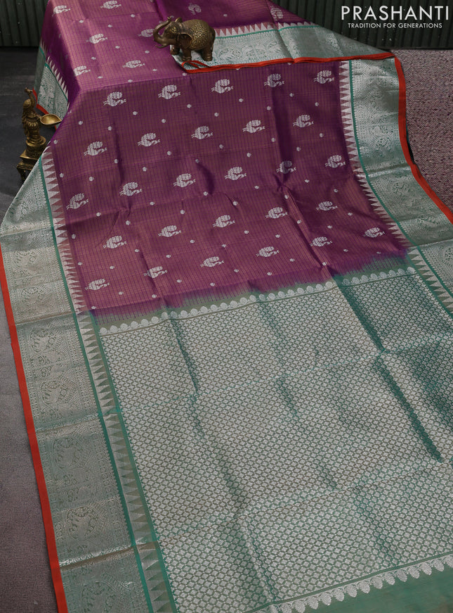 Venkatagiri silk saree dual shade of purple and teal green with allover thread checks & annam buttas and silver zari woven border