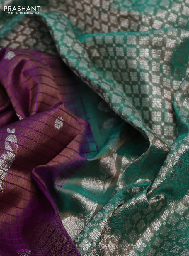 Venkatagiri silk saree dual shade of purple and teal green with allover thread checks & annam buttas and silver zari woven border