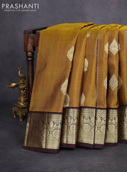 Venkatagiri silk saree mustard yellow and coffee brown with allover silver & gold zari weaves and zari woven border