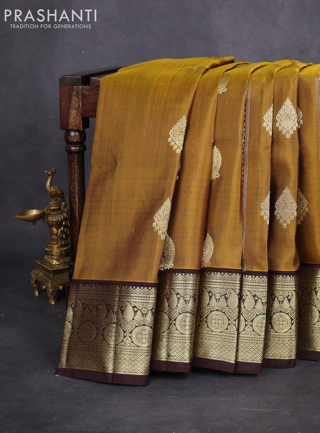 Venkatagiri silk saree mustard yellow and coffee brown with allover silver & gold zari weaves and zari woven border