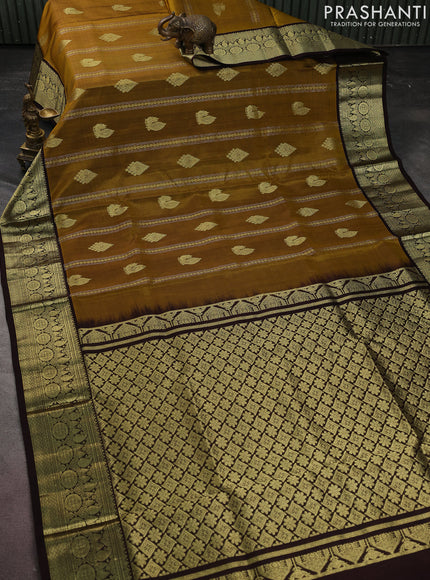 Venkatagiri silk saree mustard yellow and coffee brown with allover silver & gold zari weaves and zari woven border