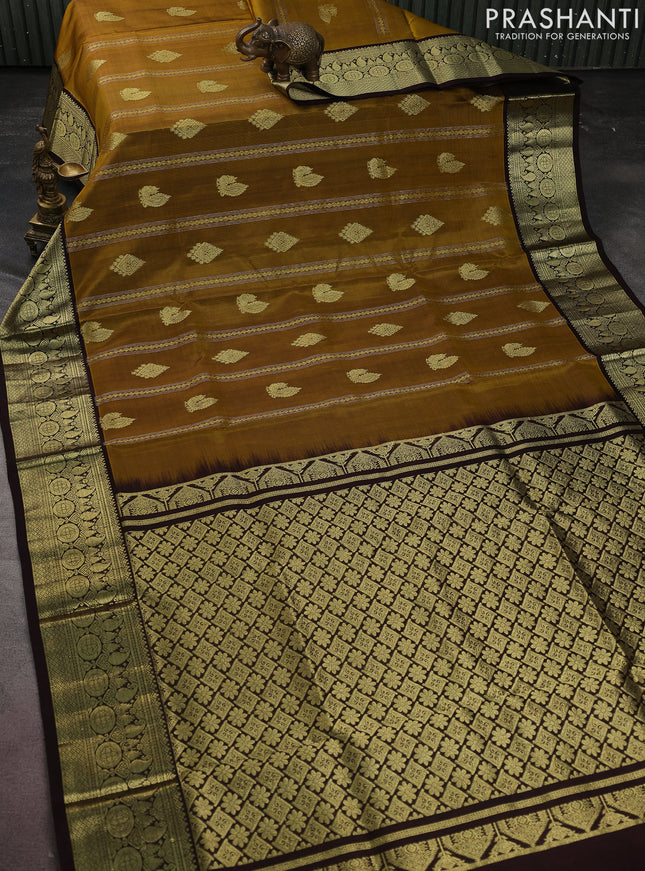 Venkatagiri silk saree mustard yellow and coffee brown with allover silver & gold zari weaves and zari woven border