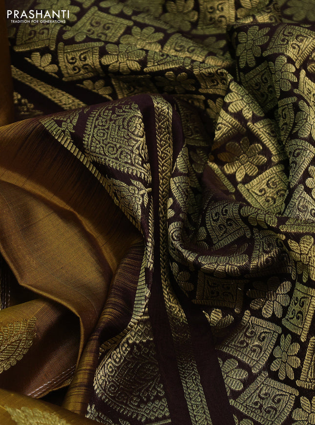 Venkatagiri silk saree mustard yellow and coffee brown with allover silver & gold zari weaves and zari woven border