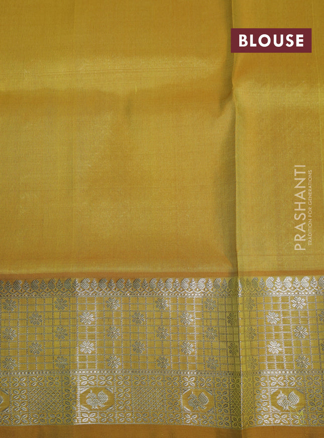 Venkatagiri silk saree teal green and mustard shade with allover silver zari weaves and silver zari woven border
