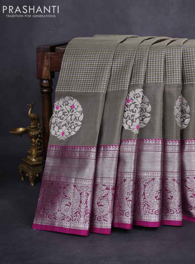 Venkatagiri silk saree grey and magenta pink with allover silver & gold zari checked pattern and rich silver zari woven annam border