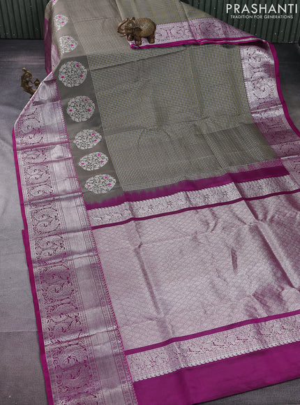 Venkatagiri silk saree grey and magenta pink with allover silver & gold zari checked pattern and rich silver zari woven annam border