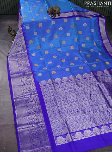 Venkatagiri silk saree cs blue and royal blue with annam & rudhraksha zari woven buttas and long silver zari woven border