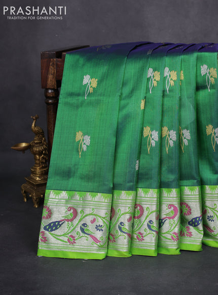 Venkatagiri silk saree green and fluorescent green with silver & gold zari woven buttas and silver zari woven peacock design border