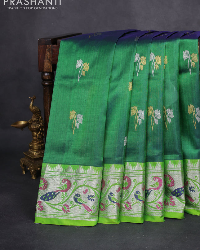 Venkatagiri silk saree green and fluorescent green with silver & gold zari woven buttas and silver zari woven peacock design border