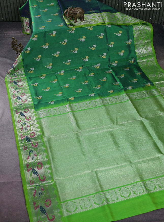 Venkatagiri silk saree green and fluorescent green with silver & gold zari woven buttas and silver zari woven peacock design border