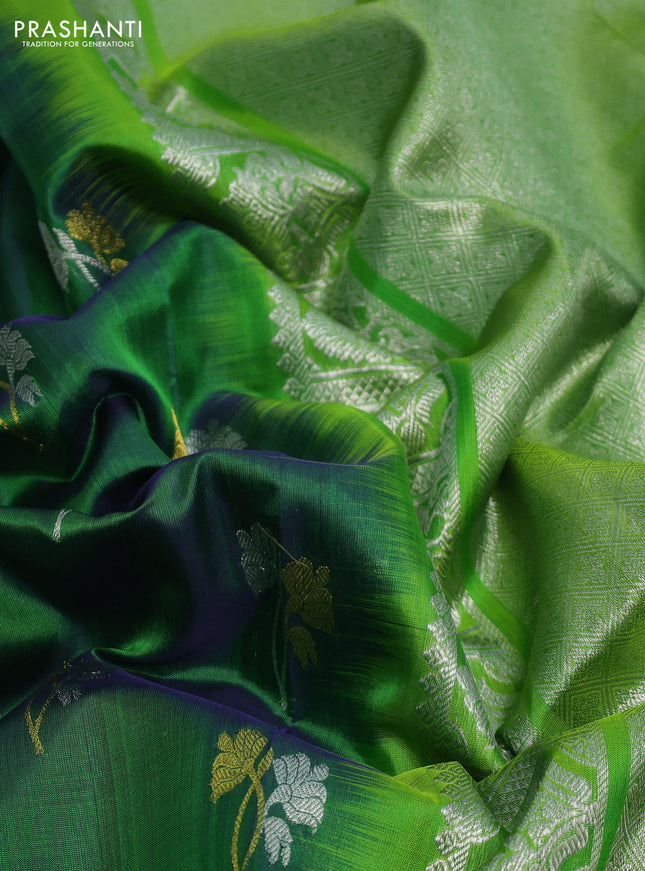 Venkatagiri silk saree green and fluorescent green with silver & gold zari woven buttas and silver zari woven peacock design border