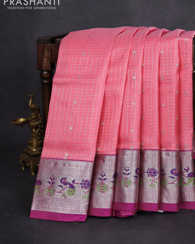 Venkatagiri silk saree peach pink and purple with allover silver zari checks & buttas and silver zari woven peacock design border