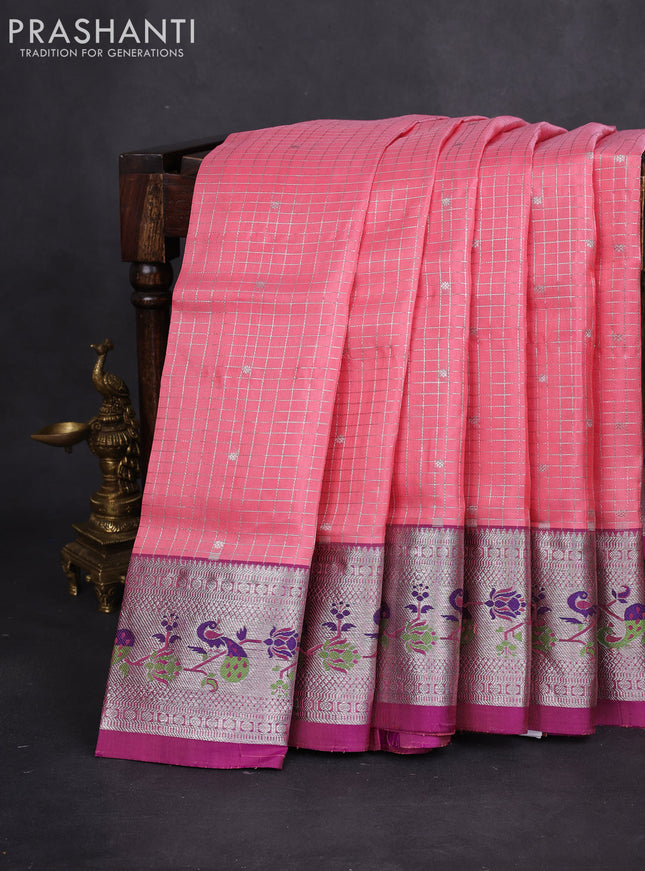 Venkatagiri silk saree peach pink and purple with allover silver zari checks & buttas and silver zari woven peacock design border