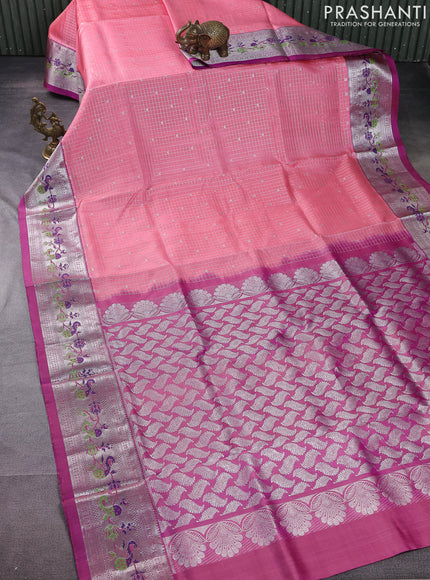 Venkatagiri silk saree peach pink and purple with allover silver zari checks & buttas and silver zari woven peacock design border