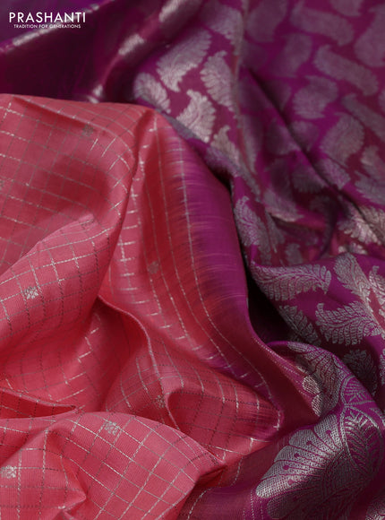 Venkatagiri silk saree peach pink and purple with allover silver zari checks & buttas and silver zari woven peacock design border